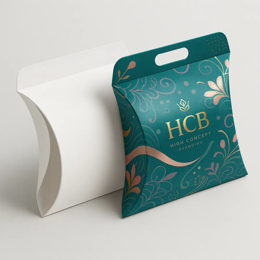 White pillow favour box next to a teal one with a handle and elegant gold-copper floral branding- class=